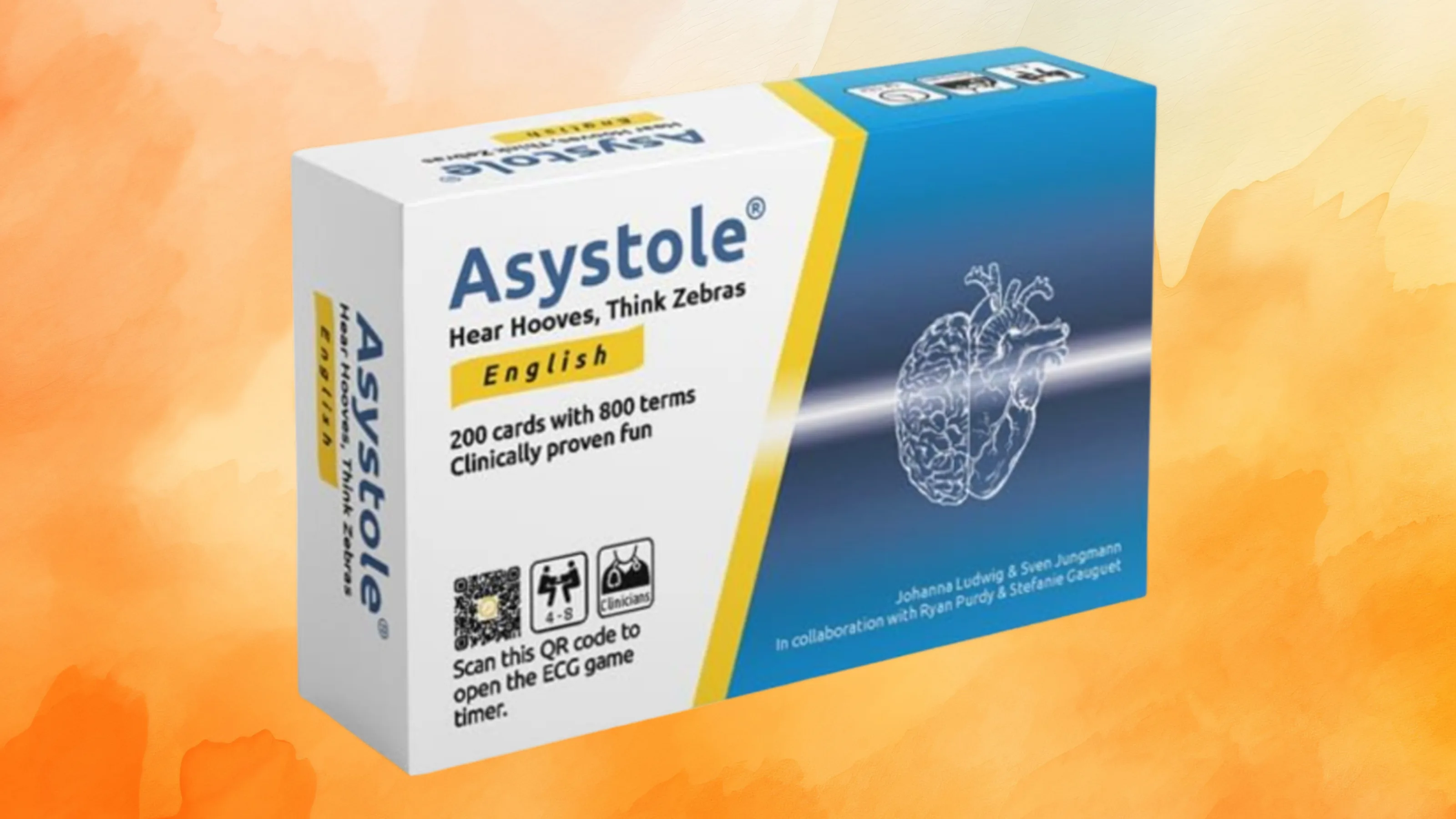 Der Asystole-Spielkarton geöffnet: 200 Karten, Beipackzettel, EKG-QR-Code